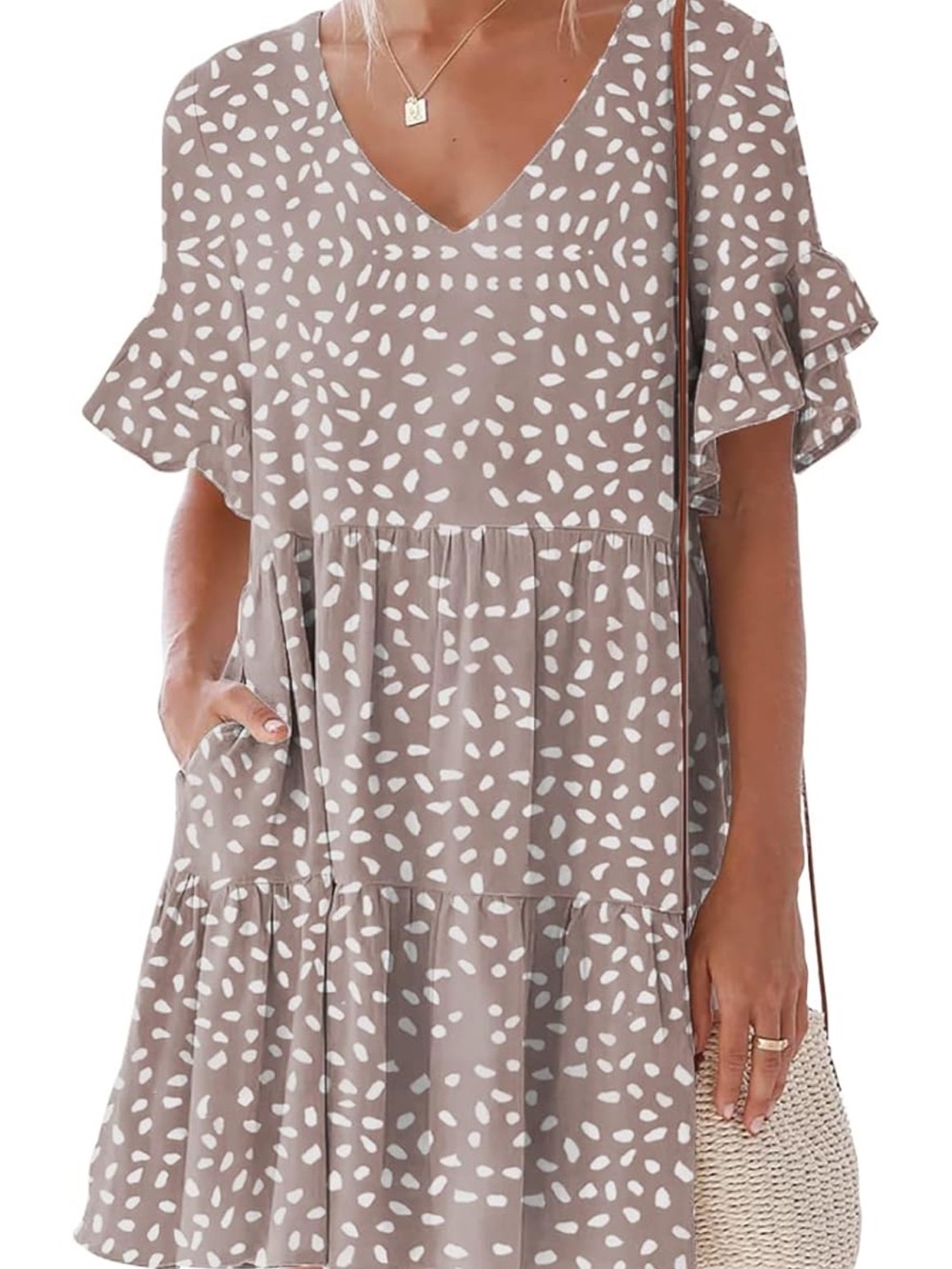Taupe & White Patterned V-Neck Ruffle Sleeve Dress